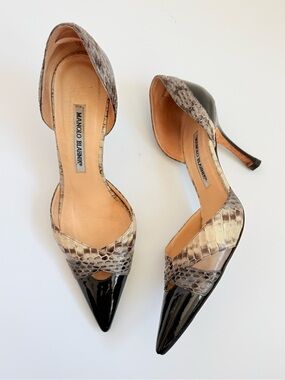MANOLO BLAHNIK Python Snakeskin Black Patent Leather D'Orsay Pumps Heels EU 37.5